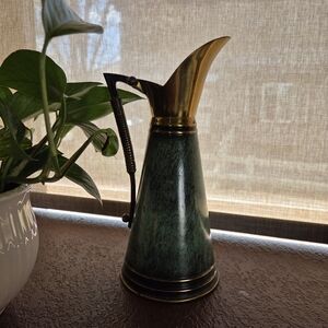 Vintage MCM Dayagi Brass And Green Enamel Pitcher Made In Israel